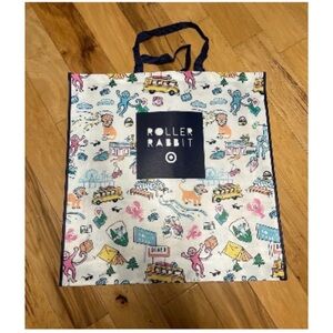 Roller Rabbit White Tote with Multicolor Character Print and Navy Handles
